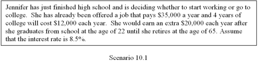   -Refer to Scenario 10.1.What is the net present value of the decision to go to invest in college? A)  $10,742.71 B)  $11,141.18 C)  $11,655.84 D)  $12,088.18