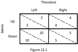 Refer to the game between James and Theodore depicted in Figure 12.1.Which of the following is true?   A)  If James chooses Up, Theodore's best response is to choose Right. B)  If James chooses Down, Theodore's best response is to choose Right. C)  If Theodore chooses Left, James's best response is to choose Up. D)  If Theodore chooses Right, James's best response is to choose Up.
