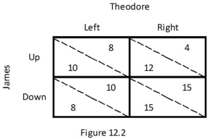 Refer to the game between James and Theodore depicted in Figure 12.2.Which of the following is true?   A)  If James chooses Up, Theodore's best response is to choose Left. B)  If James chooses Down, Theodore's best response is to choose Left. C)  If Theodore chooses Left, James's best response is to choose Down. D)  If Theodore chooses Right, James's best response is to choose Up.