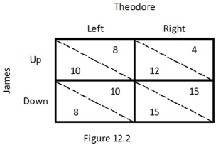 Refer to the game between James and Theodore depicted in Figure 12.2.Which of the following is true?   A)  If James chooses Up, Theodore's best response is to choose Right. B)  If James chooses Down, Theodore's best response is to choose Right. C)  If Theodore chooses Left, James's best response is to choose Down. D)  If Theodore chooses Right, James's best response is to choose Up.