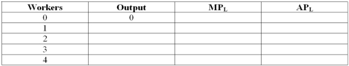 Suppose a firm uses both labor (L)and capital (K)and its long-run production function is given by the expression Q = F(L,K)= 2L × √(L + K).The firm currently uses 10 units of capital.Complete the following table:   