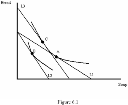 Refer to Figure 6.1.Assume that L1 represents the budget line before a price change.The substitution effect is shown by the movement:   A) from bundle A to bundle C. B) from bundle A to bundle B. C) from bundle B to bundle C. D) from bundle C to bundle B.