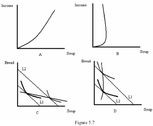 Refer to Figure 5.7.Which diagram best represents an Engle curve where soup is a normal good?   A)  A B)  B C)  C D)  D