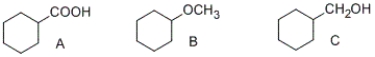 <strong>What would you expect is the order of water solubility for the following compounds:   ?</strong> A) A > B > C B) C > A > B C) B > A > C D) A > C > B <div style=padding-top: 35px> 