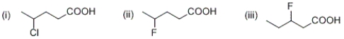 Given that the electron-withdrawing ability of a substituent falls off with distance, rank order the following carboxylic acids from strongest acid to weakest acid:   A)  (i)  > (ii)  > (iii)  B)  (iii)  > (ii)  > (i)  C)  (ii)  > (iii)  > (i)  D)  (ii)  > (i)  > (iii) 