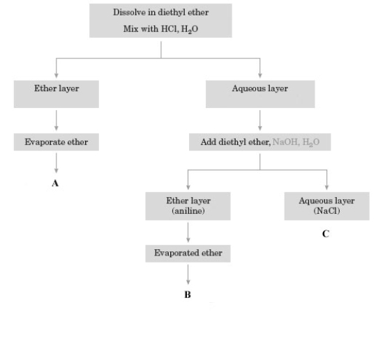 Consider the following flow diagram. A mixture containing 2-octanol, cyclohexanamine, and potassium chloride was subjected to this procedure in a laboratory experiment.   -In what location does the 1-octanol end up? A)  A B)  B C)  C D)  It may be found in several layers.