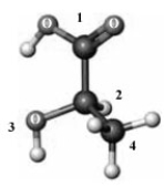 Consider the following ball-and-stick model. Atoms other than carbon and hydrogen are indicated by the chemical symbol of the element.   Which of the numbered groups is assigned the highest priority? A)  1 B)  2 C)  3 D)  4 E)  1 and 3 are equal priority.