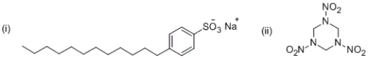 Match up the applications to the compounds shown below?   A)  (i)  explosive; (ii)  detergent B)  (i)  detergent; (ii)  explosive C)  (i)  explosive; (ii)  vitamin D)  (i)  vitamin; (ii)  detergent