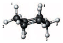 Consider the following ball and stick model.   Which of the following is correct description? A)  1, 3, and 4 represent axial positions and 2, and 5 represent equatorial positions. B)  1, 3, and 4 represent equatorial positions and 2, and 5 represent axial positions. C)  All represent equatorial positions. D)  All represent axial positions.