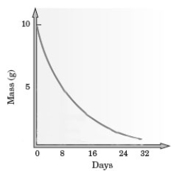 Examine the following graph for a particular isotope.   -After 24 days, approximately how much of the sample is left? A)  5 g B)  2.5 g C)  1.25 g D)  0.625 g E)  0.313 g