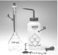 The following shows the beginning of the laboratory preparation of an aqueous solution of the hypothetical compound AB (150.5 g/mol) .   -What will be the molarity of the solution when the preparation is complete? A)  51.0 M B)  0.00510 M C)  0.339 M D)  0.00339 M