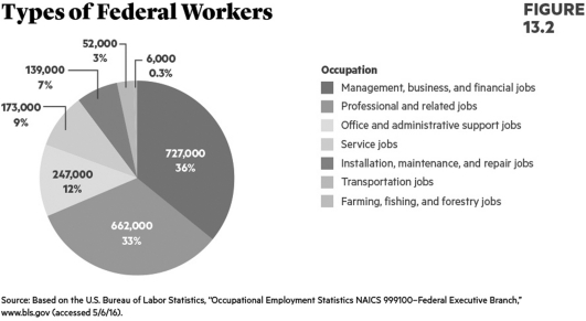   Which one of the following groups of employees is the largest part of the federal workforce? A)  Professional jobs B)  Service jobs C)  Farming, fishing, and forestry jobs D)  Installation, maintenance, and repair jobs