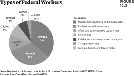   Which one of the following groups of employees is the largest part of the federal workforce? A) professional jobs B) service jobs C) farming, fishing, and forestry jobs D) installation, maintenance, and repair jobs