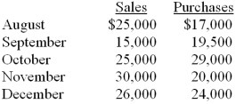 The Amber Magic Shoppe has forecast its sales revenues and purchases for the last 5 months of 200x to be as follows:   65% of sales are on credit. On the basis of past experience, 50% of the accounts receivable are collected the month after the sale and the remainder are collected 2 months after the sale. Purchases are paid 30 days after they are incurred. The firm had a cash balance of $5,000 as of September 30<sup>th</sup>, and its minimum required cash balance is $4,000. It had no beginning loan balance. Prepare a cash budget for October, November and December.