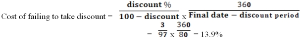 Myrdal Boots can borrow from its bank at 12 percent to take a cash discount. The terms of the cash discount are 3/10, net 90. Myrdal Boots should borrow from the bank to take the discount.