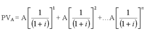 The present value of an annuity table provides a short-cut for calculating the future value of a steady stream of payments, denoted as A. The same value can be calculated directly from the following equation:   