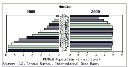 At HYPERLINK  http://www.census.gov/  www.census.gov you can create a  population pyramid  for any country. These pyramids are back-to-back histograms. This pyramid shows Mexico's 2000 female population and the census bureau's projection for 2050. Write a few sentences summarizing the changes that are forecast.  