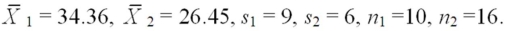 Construct a 95 percent confidence interval for μ<sub>1</sub> - μ<sub>2</sub>,where   (Assume equal population variances. ) 