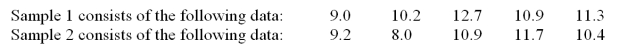  Use the following data and a test of the equality of variances for two populations at  \alpha  = .10,where sample 1 is randomly selected from population 1 and sample 2 is randomly selected from population 2.Identify the critical value used for testing the equality of the variances.   A) 1.138 B) 1.645 C) 5.05 D) 6.39 
