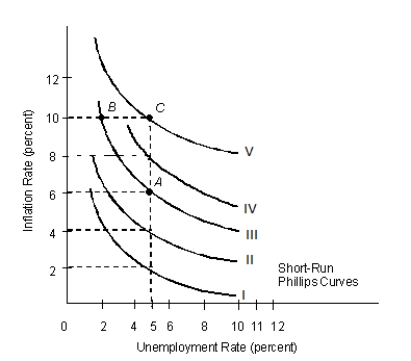 The figure given below shows the Phillips curves of the U.S. economy during early 1960s to late 1970s.?Figure 14.2    -Refer to Figure 14.2. If the natural rate of unemployment is 5 percent, which of the following would cause a movement along Phillips curve III from point A to point B? A)  An inward shift of the aggregate demand curve B)  An outward shift of the aggregate demand curve C)  A downward movement along the aggregate supply curve D)  A downward movement along the aggregate demand curve E)  An upward movement along the aggregate demand curve