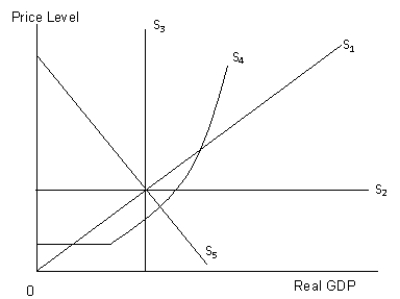 The figure given below shows the supply curves with different slopes.?Figure 15.1    -Refer to Figure 15.1. Which of the following supply curves represent the supply curve in the simple Keynesian model? A)  S₁ B)  S₂ C)  S₃ D)  S₄ E)  S₅
