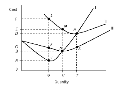 The figure given below shows cost curves of a firm.Figure: 8.2    In the figure, |: Marginal cost curve ||: Average total cost curve |||: Average variable cost curve -Refer to Figure 8.2. At an output level of H, total fixed cost is: A) SR. B) LK. C) BE. D) area BEMN. E) area 0EMH.