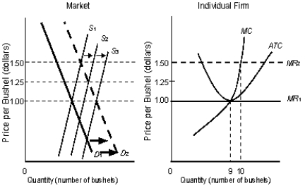 The following figure shows equilibrium at the industry and firm level.Figure 10.6    In the figure, S<sub>1</sub>, S<sub>2</sub>, S<sub>3</sub> are the market supply curves.D<sub>1</sub> and D<sub>2</sub> are the market demand curves.MC is the marginal cost curve of the firm.MR<sub>1</sub> and MR<sub>2</sub> are the marginal revenue curves of the firm.ATC is the average-total-cost curve of the firm. -Graphically, consumer surplus is the area: A) above the equilibrium price and below the demand curve. B) below the equilibrium price and above the supply curve. C) above the equilibrium price and below the supply curve. D) below the equilibrium price and above the demand curve. E) above the equilibrium price and above the supply curve.