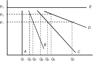 Figure 4.2    -Refer to Figure 4.2. The demand curve E has a price elasticity A)  of infinity. B)  equal to 1. C)  equal to zero. D)  less than 1. E)  that varies at different points along the demand curve.