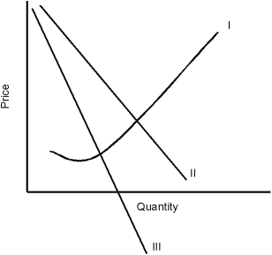 Figure 5.3    -In Figure 5.3, what is the curve marked III? A)  Demand B)  Marginal revenue C)  Average revenue D)  Marginal cost E)  Average total cost