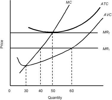 Figure 6.1    -Refer to Figure 6.1. Given MR<sub>2</sub>, what is total revenue if the firm produces 60 units and the lowest point of the average-total-cost curve is $4? A)  $240 B)  $300 C)  $400 D)  $440 E)  The amount cannot be determined from the information given.