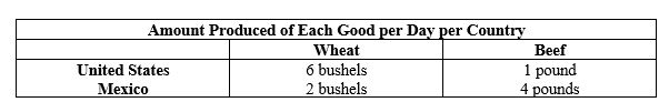 Scenario 17.1 The data in the table tell us that both the United States and Mexico produce wheat and beef. The United States can make 6 bushels of wheat or 1 pound of beef in a day. Mexico can make 2 bushels of wheat or 4 pounds of beef in a day.    -In the table in Scenario 17.1, what is the opportunity cost of 1 bushel of wheat in Mexico? A)  1 pound of beef B)  1/2 pound of beef C)  1/6 pound of beef D)  2 pounds of beef E)  6 pounds of beef