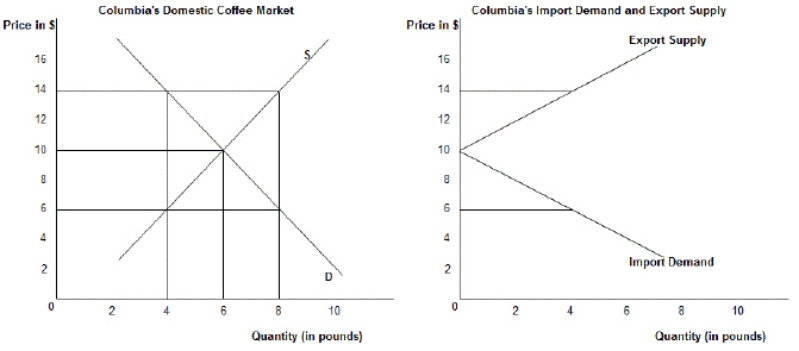 The first panel in the following figure shows the domestic demand (D) and supply (S) curves of Columbian coffee and the second panel shows the import demand and export supply of Columbian coffee in the international market. Figure 20.1 - Refer to Figure 20.1.If the price of Columbian coffee falls to $6 in the international market: A) there will be an excess supply of 8 pounds of Columbian coffee in the international market. B) the Columbian domestic market for coffee will be in equilibrium. C) the international market for coffee will be in equilibrium. D) there will be an excess demand of 4 pounds for coffee in Columbia's domestic market. E) there will be an excess supply of coffee in Columbia's domestic market.