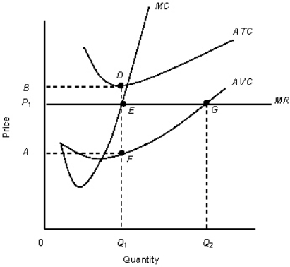 The figure given below shows the revenue and cost curves of a perfectly competitive firm. Figure 9.5    MC: Marginal cost curve MR: Marginal revenue curve. ATC: Average-total-cost curve AVC: Average-variable-cost curve -According to Figure 9.5,the firm has: A) profits equal to the area AP<sub>1</sub>EF. B) profits equal to the area P<sub>1</sub>BDE. C) losses equal to the area 0AFQ<sub>1</sub>. D) losses equal to the area P<sub>1</sub>BDE. E) no profit no loss.
