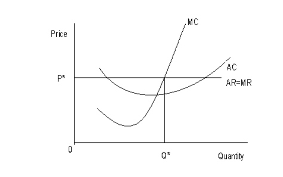 The following figure shows the cost and revenue structures of a firm.MC represents the marginal cost curve,AC represents the average cost curve,AR represents the average revenue curve,and MR represents the marginal revenue curve.P* is the equilibrium price and Q* is the equilibrium output. Figure 8.5   - Refer to Figure 8.5.Identify the market structure in which the firm operates: A) Perfect competition B) Monopolistic competition C) Monopoly D) Oligopoly E) Duopoly