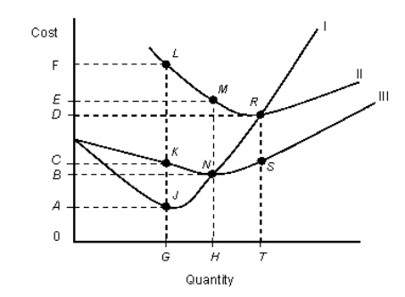 The figure given below shows cost curves of a firm. Figure: 7.2   - In the figure, |: Marginal cost curve ||: Average total cost curve |||: Average variable cost curve Refer to Figure 7.2.At an output level of H,total fixed cost is: A) SR. B) LK. C) BE. D) area BEMN. E) area 0EMH.