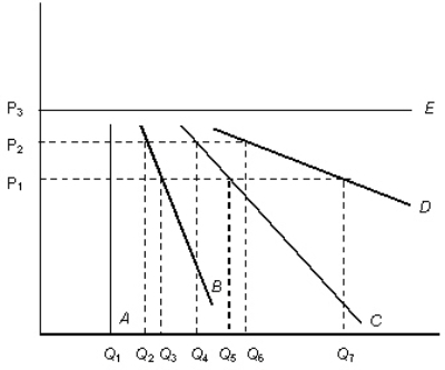 The figure given below shows the demand curves for five products: A,B,C,D,andE. Figure 5.1   - Refer to Figure 5.1.Which of the following is true of the demand curve for A? A) Consumers purchase any quantity regardless of the price. B) There is no change in quantity demanded as the price changes. C) A small price change will cause consumers to change their consumption by a much larger quantity. D) The smallest price increase will cause consumers to switch to the producer with a lower price. E) The price elasticity of demand for A is equal to 1.