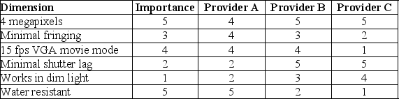Modelo,S.A. ,is considering three providers of automated visual inspection systems for their packaging needs.A team of manufacturing engineers,production managers,and process engineers has developed the following list of criteria and assigned them ratings on a scale of 1 (completely unimportant)to 5 (critical).This team has also rated the candidate products on each of these dimensions using a scale of 1 (poor)to 5 (excellent).Which provider should they choose,and what caveats,if any,should go with their recommendation?   