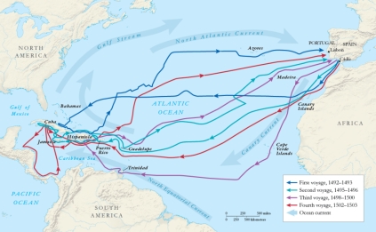 <strong> Who led the voyages shown in the map?</strong> A) Vasco da Gama B) Walter Raleigh C) Leif Erikson D) Christopher Columbus
