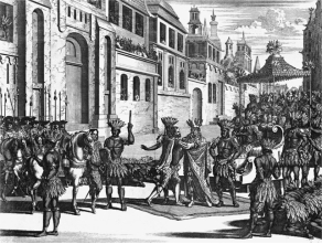 <strong> The image shows the first meeting between Moctezuma and __________.</strong> A) Christopher Columbus B) Bartolomé de las Casas C) Hernán Cortés D) Walter Raleigh