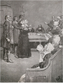   -In the image,the young woman in the bottom right corner (seated at the end of the bench) appears to be a(n) __________. A)  victim of witchcraft B)  pawn of the government C)  spy for the devil D)  angel from heaven