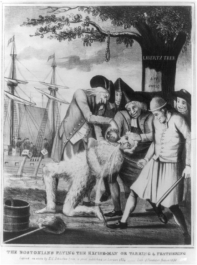   -Which of the following events is depicted in the image? A)  Battle of Lexington B)  Battle of Bunker Hill C)  Boston Massacre D)  Boston Tea Party