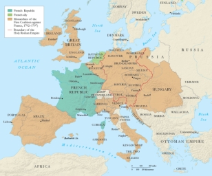   -John Adams started an undeclared naval war against which country shown on the map? A)  Batavian Republic B)  Ottoman Empire C)  French Republic D)  Great Britain