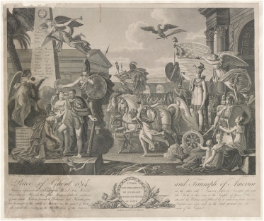   -Which of the following countries would have most likely disagreed with the artistic interpretation of the Peace of Ghent shown in the image? A)  Britain B)  Belgium C)  United States D)  Italy