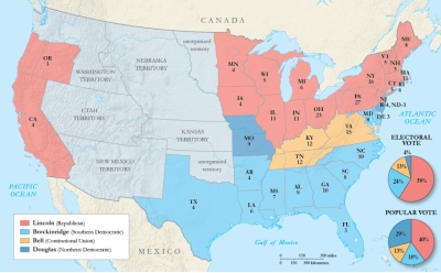   -Based on the information in the map,which presidential candidate failed to gain any electoral votes from any states where slavery was allowed? A)  Lincoln B)  Breckinridge C)  Bell D)  Douglas