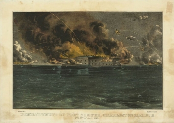   -How did Abraham Lincoln respond to the bombardment of Fort Sumter shown in the image? A)  He issued a call to arms. B)  He emancipated the slaves. C)  He accepted Southern secession. D)  He ended the Civil War.