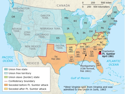   -Which of the following conclusions is supported by the information provided in the map? A)  All slave states joined the Confederacy. B)  Some slave states remained in the Union. C)  Some free states joined the Confederacy. D)  The first states to secede were all in the West.
