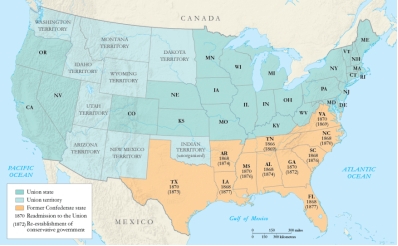   -Which of the following can be inferred from the map? A)  The last states to be readmitted into the Union were Florida and Louisiana. B)  The former Confederate states won control of the Senate from the Republicans in the Union. C)  Readmission to the Union was contingent on the reestablishment of a conservative government. D)  White Southerners controlled state politics throughout the South when Reconstruction ended.
