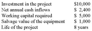 <strong>The following data pertain to an investment in equipment: At the completion of the project,the working capital will be released for use elsewhere.What is the net present value of the project,using a discount rate of 10%?</strong> A) ($1,729). B) $606. C) $1,729. D) $8,271.