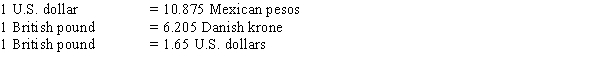 A currency trader observes the following quotes in the spot market:   Given this information,how many Mexican pesos can be purchased for 1 Danish krone? A) 2.7490 B) 2.8195 C) 2.8918 D) 2.9641 E) 3.0382