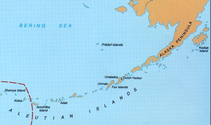 The map above shows the southwestern tip of Alaska,including the Aleutian Islands.True or False: According to MacArthur and Wilson's island biogeography model,Kodiak Island would have more species than Kiska.